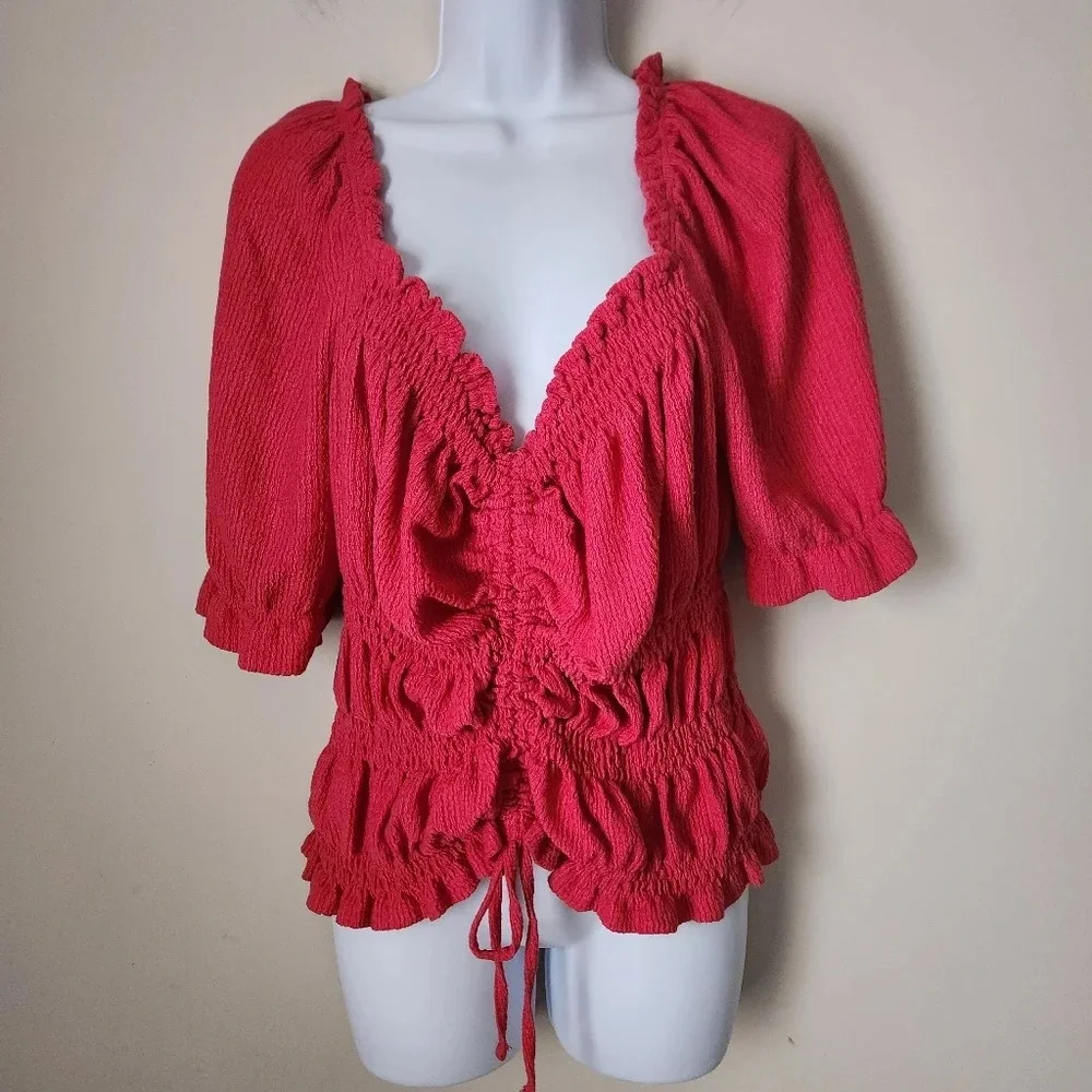 Anthropologie Pilcro | Puff-Sleeved Cinched Waist Top in Rose/Tyrie - Size XL